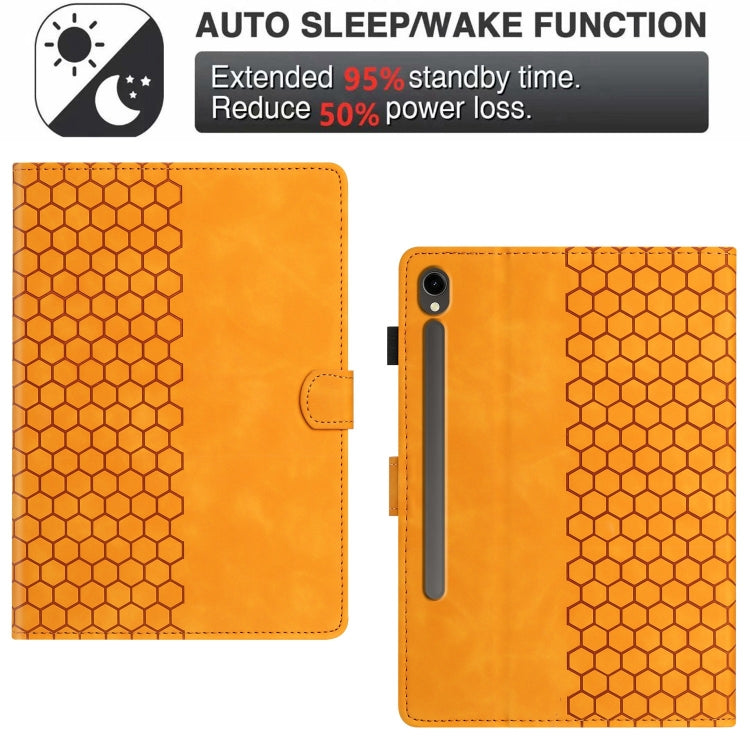 For Samsung Galaxy Tab S9 / S9 FE Honeycomb Embossed Leather Smart Tablet Case(Yellow) - Galaxy Tab S9 Cases by PMC Jewellery | Online Shopping South Africa | PMC Jewellery | Buy Now Pay Later Mobicred