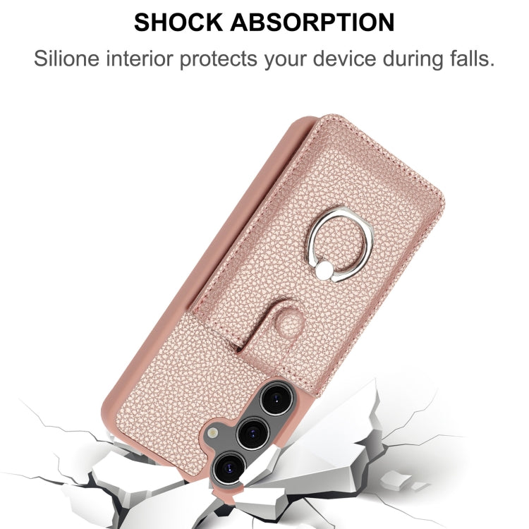 For Samsung Galaxy S25+ 5G Litchi Texture Drawing Card Bag Ring Holder Phone Case(Brown) - Galaxy S25+ 5G Cases by PMC Jewellery | Online Shopping South Africa | PMC Jewellery | Buy Now Pay Later Mobicred