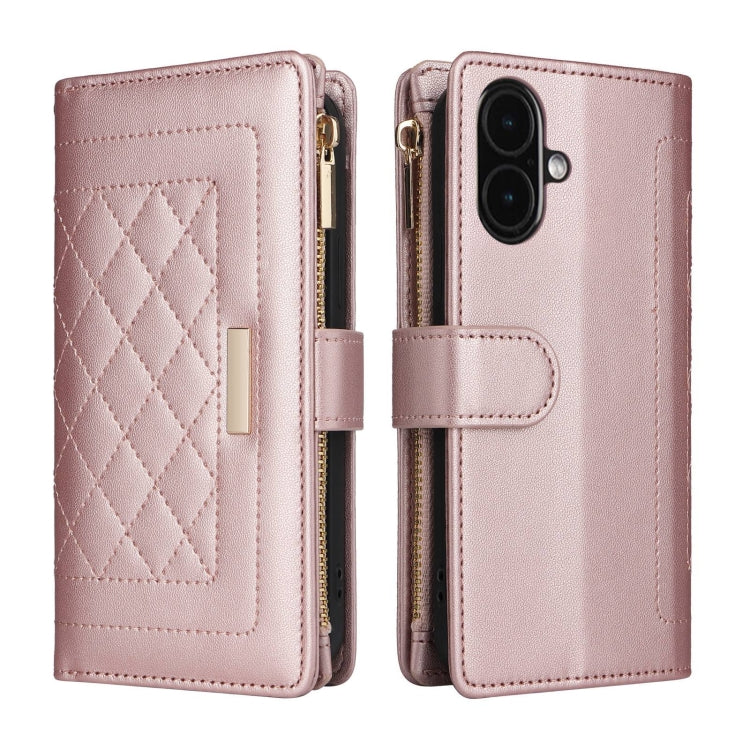 For iPhone 16 Crossbody Zipper Wallet Rhombus Leather Phone Case(Rose Gold) - iPhone 16 Cases by PMC Jewellery | Online Shopping South Africa | PMC Jewellery | Buy Now Pay Later Mobicred