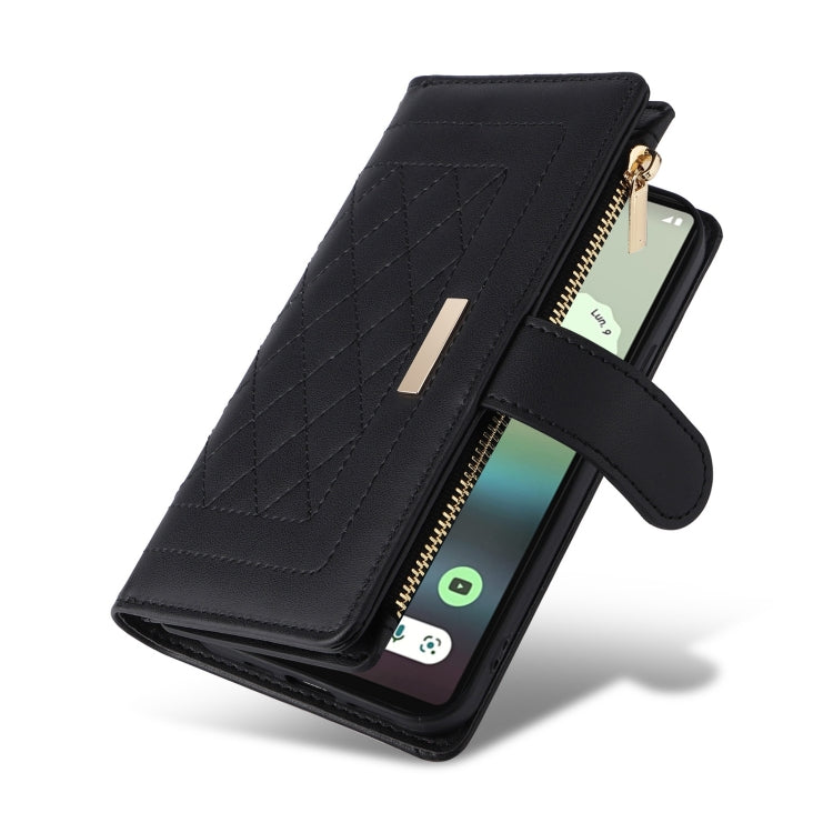 For Google Pixel 6a Crossbody Zipper Wallet Rhombus Leather Phone Case(Black) - Google Cases by PMC TechLife | Online Shopping South Africa | PMC TechLife | Buy Now Pay Later Mobicred
