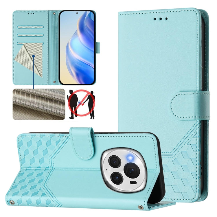 For Honor Magic6 Pro 5G Honeycomb Embossing RFID Leather Phone Case(Mint Green) - Honor Cases by PMC Jewellery | Online Shopping South Africa | PMC Jewellery | Buy Now Pay Later Mobicred