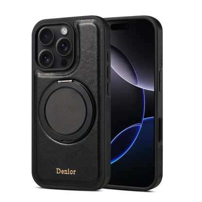 For iPhone 16 Pro Denior A17 Genuine Leather Gear Magnetic Holder Phone Case(Black) - iPhone 16 Pro Cases by Denior | Online Shopping South Africa | PMC Jewellery | Buy Now Pay Later Mobicred