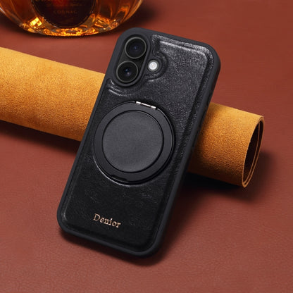 For iPhone 16 Denior A17 Genuine Leather Gear Magnetic Holder Phone Case(Black) - iPhone 16 Cases by Denior | Online Shopping South Africa | PMC Jewellery | Buy Now Pay Later Mobicred