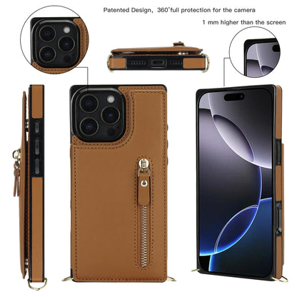 For iPhone 16 Pro Cross-body Zipper Square Phone Case(Brown) - iPhone 16 Pro Cases by PMC Jewellery | Online Shopping South Africa | PMC Jewellery | Buy Now Pay Later Mobicred