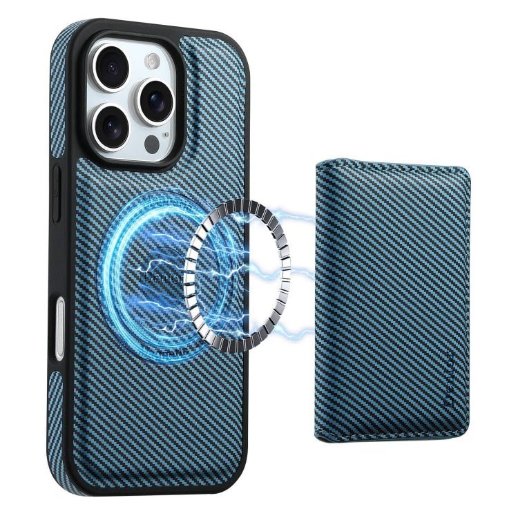For iPhone 16 Pro Max Denior Carbon Fiber Texture Leather Card Bag MagSafe Phone Case(Blue) - free shipping - PMC Jewellery - Order now!