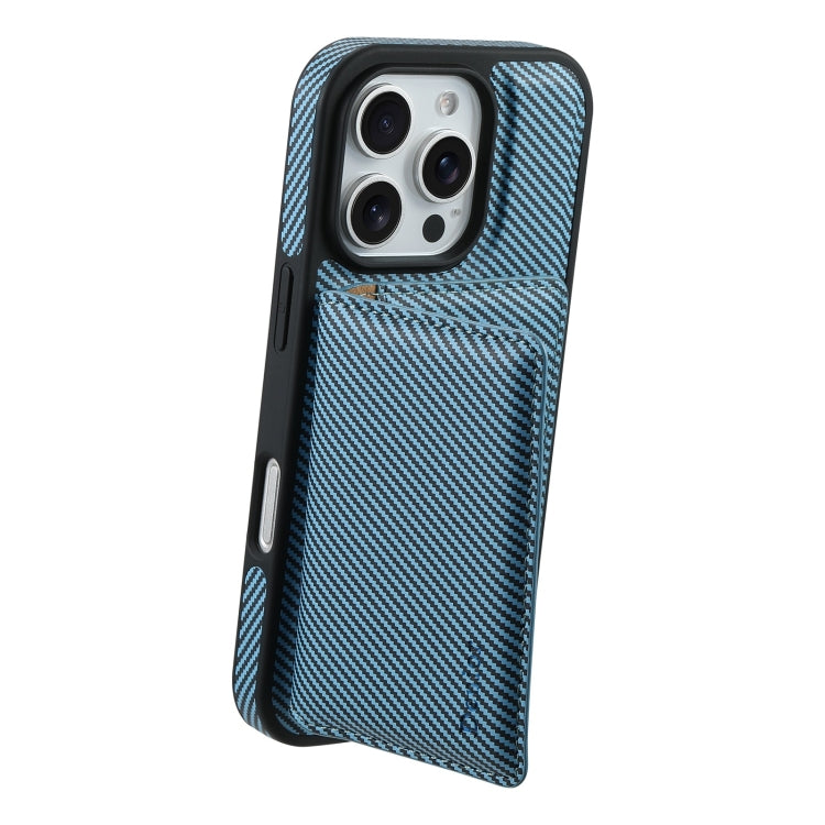 For iPhone 16 Pro Max Denior Carbon Fiber Texture Leather Card Bag MagSafe Phone Case(Blue) - iPhone 16 Pro Max Cases by Denior | Online Shopping South Africa | PMC Jewellery | Buy Now Pay Later Mobicred