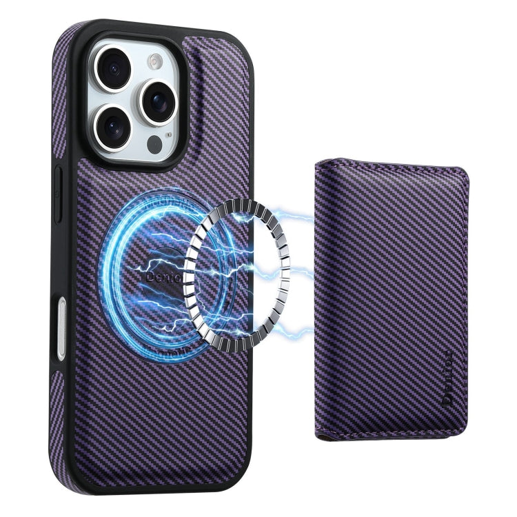 For iPhone 16 Pro Max Denior Carbon Fiber Texture Leather Card Bag MagSafe Phone Case(Purple) - iPhone 16 Pro Max Cases by Denior | Online Shopping South Africa | PMC Jewellery | Buy Now Pay Later Mobicred