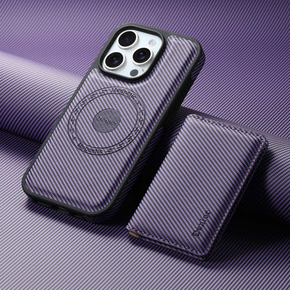 For iPhone 16 Pro Max Denior Carbon Fiber Texture Leather Card Bag MagSafe Phone Case(Purple) - iPhone 16 Pro Max Cases by Denior | Online Shopping South Africa | PMC Jewellery | Buy Now Pay Later Mobicred