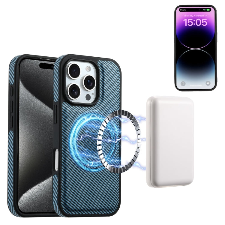 For iPhone 16 Pro Denior Carbon Fiber Texture Leather Card Bag MagSafe Phone Case(Blue) - free shipping - PMC Jewellery - Order now!