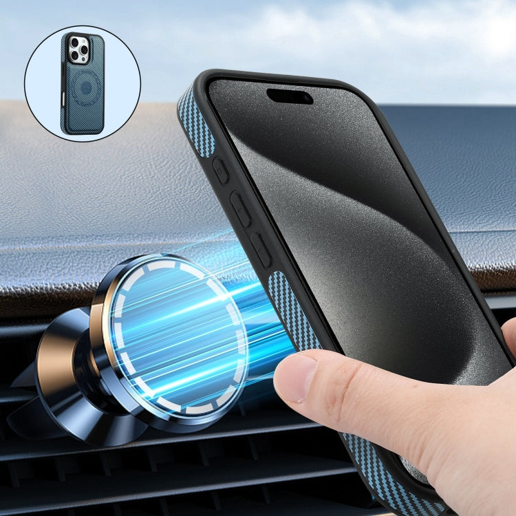 For iPhone 16 Pro Denior Carbon Fiber Texture Leather Card Bag MagSafe Phone Case(Blue) - free shipping - PMC Jewellery - Order now!