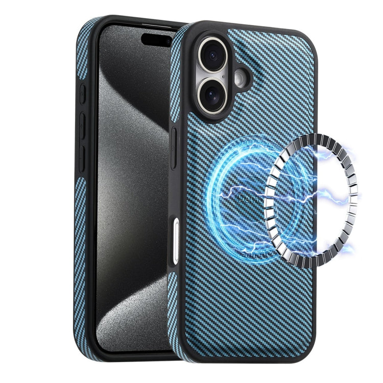 For iPhone 16 Plus Denior Carbon Fiber Texture Leather MagSafe Phone Case(Blue) - iPhone 16 Plus Cases by Denior | Online Shopping South Africa | PMC Jewellery | Buy Now Pay Later Mobicred