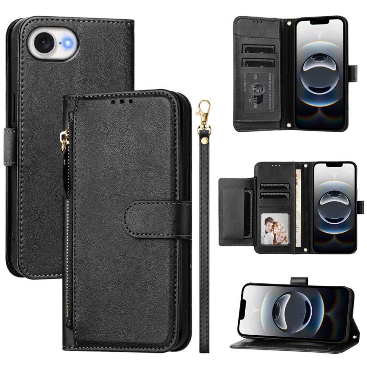 For iPhone 16e Multi-Card Slots Zipper Wallet Leather Phone Case(Black) - iPhone 16e Cases by PMC TechLife | Online Shopping South Africa | PMC TechLife | Buy Now Pay Later Mobicred