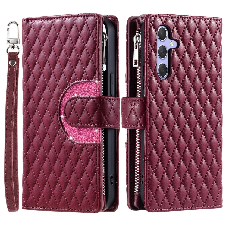 For Samsung Galaxy S25+ 5G Glitter Lattice Zipper Wallet Leather Phone Case(Wine Red) - Galaxy S25+ 5G Cases by PMC Jewellery | Online Shopping South Africa | PMC Jewellery | Buy Now Pay Later Mobicred