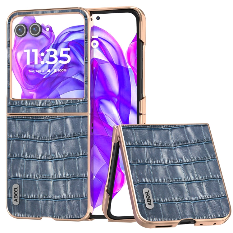 For Motorola Razr 50 ABEEL Electroplating Frame Crocodile Texture Genuine Leather Phone Case(Blue) - Motorola Cases by PMC TechLife | Online Shopping South Africa | PMC TechLife | Buy Now Pay Later Mobicred