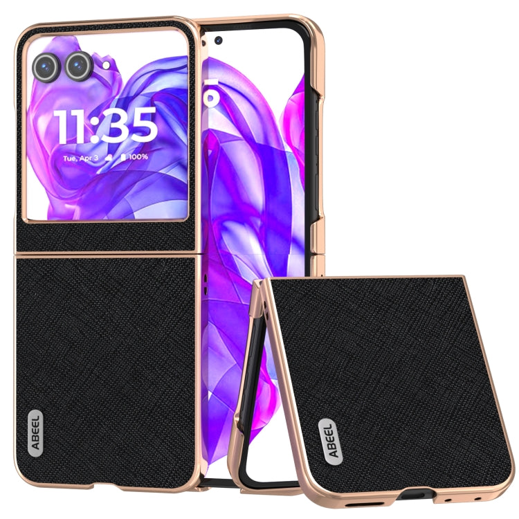 For Motorola Razr 50 ABEEL Electroplating Frame Cross Texture Genuine Leather Phone Case(Black) - Motorola Cases by PMC TechLife | Online Shopping South Africa | PMC TechLife | Buy Now Pay Later Mobicred