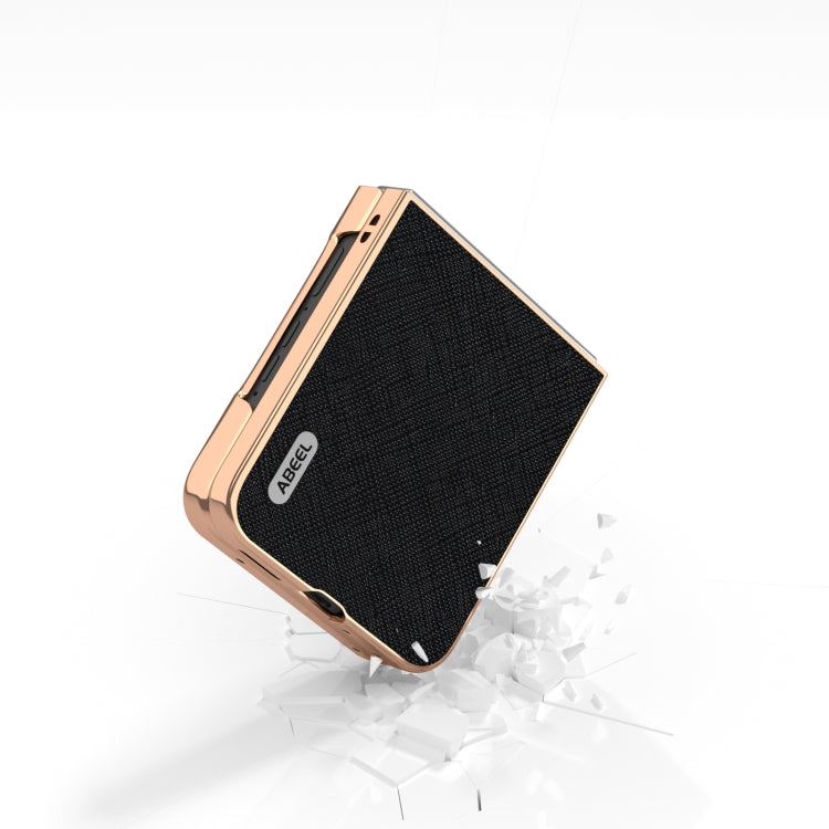 For Motorola Razr 50 ABEEL Electroplating Frame Cross Texture Genuine Leather Phone Case(Black) - Motorola Cases by PMC TechLife | Online Shopping South Africa | PMC TechLife | Buy Now Pay Later Mobicred