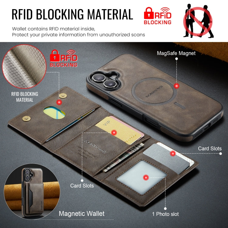 For iPhone 16 DG.MING MAGKING-K2 Series MagSafe RFID Card Bag Detachable Phone Case(Coffee) - iPhone 16 Cases by DG.MING | Online Shopping South Africa | PMC Jewellery | Buy Now Pay Later Mobicred