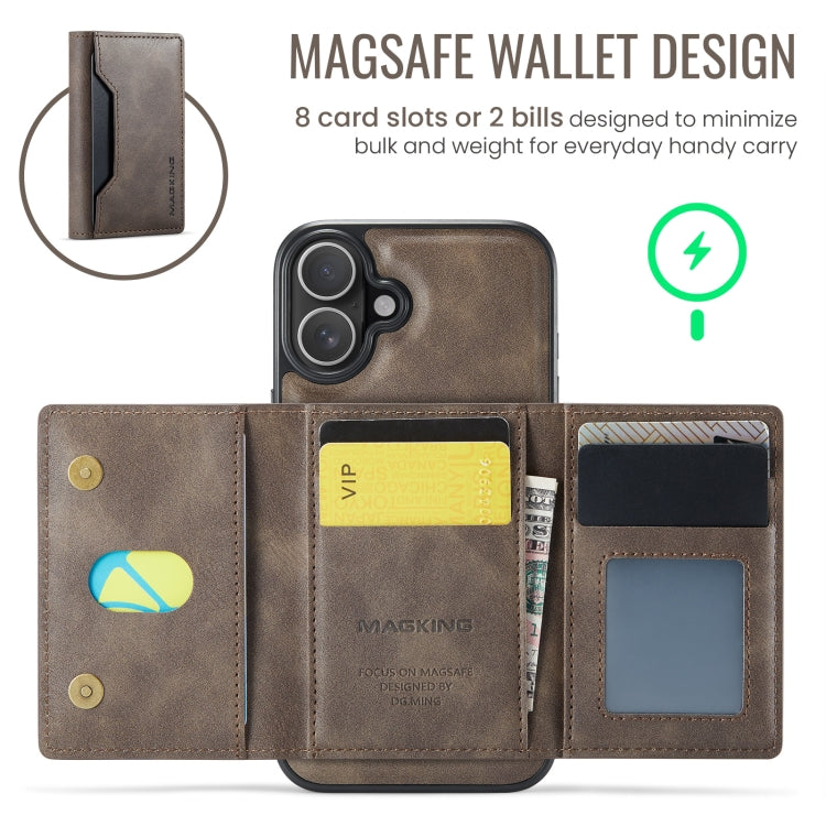 For iPhone 16 DG.MING MAGKING-K2 Series MagSafe RFID Card Bag Detachable Phone Case(Coffee) - iPhone 16 Cases by DG.MING | Online Shopping South Africa | PMC Jewellery | Buy Now Pay Later Mobicred