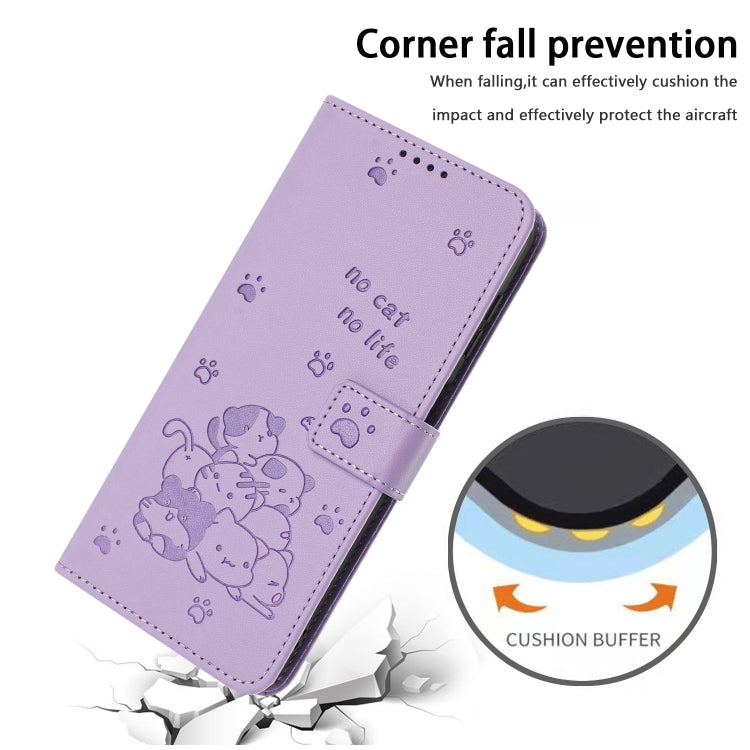 For iPhone 16e Embossed Kitten Phone Leather Case with Lanyard(Purple) - iPhone 16e Cases by PMC TechLife | Online Shopping South Africa | PMC TechLife | Buy Now Pay Later Mobicred