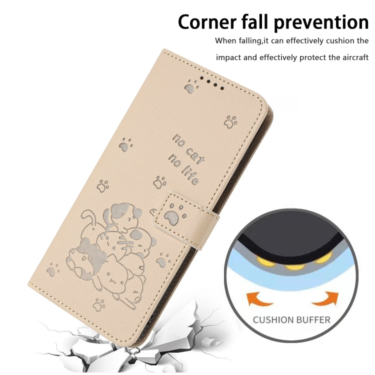 For iPhone 16e Embossed Kitten Phone Leather Case with Lanyard(Beige) - iPhone 16e Cases by PMC TechLife | Online Shopping South Africa | PMC TechLife | Buy Now Pay Later Mobicred