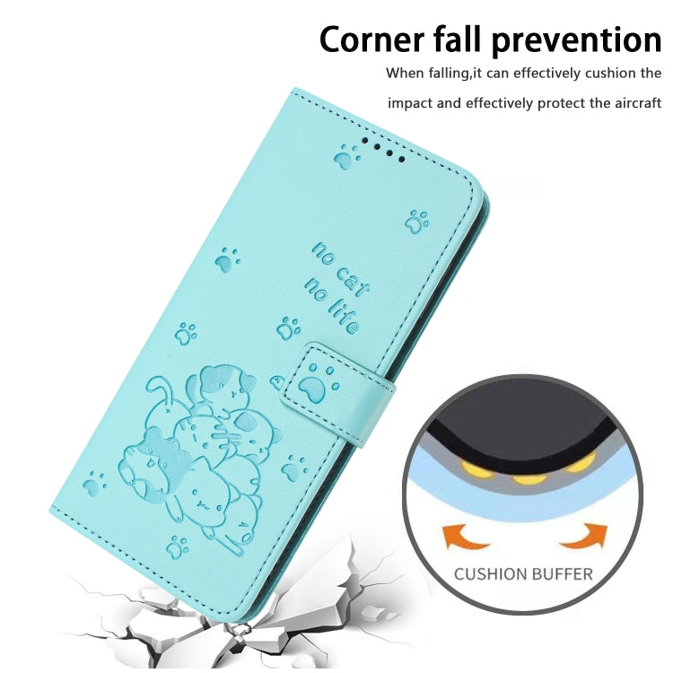 For iPhone 16e Embossed Kitten Phone Leather Case with Lanyard(Mint Green) - iPhone 16e Cases by PMC TechLife | Online Shopping South Africa | PMC TechLife | Buy Now Pay Later Mobicred