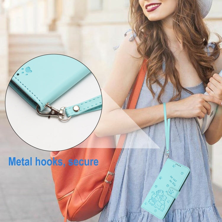 For iPhone 16e Embossed Kitten Phone Leather Case with Lanyard(Mint Green) - iPhone 16e Cases by PMC TechLife | Online Shopping South Africa | PMC TechLife | Buy Now Pay Later Mobicred