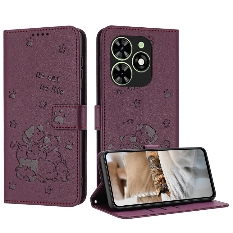 For Tecno Spark Go 2024 4G Embossed Kitten Phone Leather Case with Lanyard(Wine Red) - Tecno Cases by PMC Jewellery | Online Shopping South Africa | PMC Jewellery | Buy Now Pay Later Mobicred