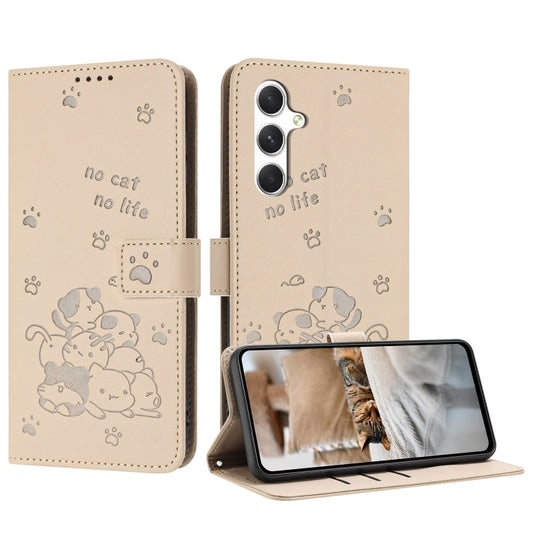 For Samsung Galaxy S25+ / S24+ 5G Embossed Kitten Phone Leather Case with Lanyard(Beige) - Galaxy S24+ 5G Cases by PMC Jewellery | Online Shopping South Africa | PMC Jewellery | Buy Now Pay Later Mobicred