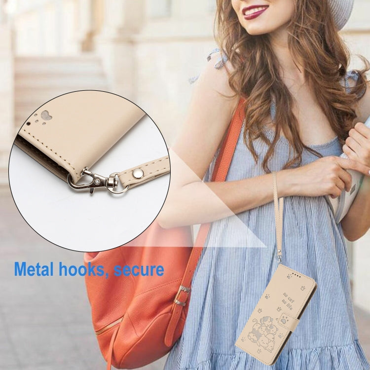For Samsung Galaxy S25 / S24 5G Embossed Kitten Phone Leather Case with Lanyard(Beige) - Galaxy S24 5G Cases by PMC TechLife | Online Shopping South Africa | PMC TechLife | Buy Now Pay Later Mobicred