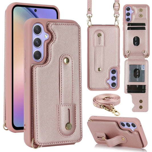 For Samsung Galaxy S25+ 5G Wristband Vertical Flip Wallet Back Cover Phone Case with Long Lanyard(Rose Gold) - Galaxy S25+ 5G Cases by PMC Jewellery | Online Shopping South Africa | PMC Jewellery | Buy Now Pay Later Mobicred