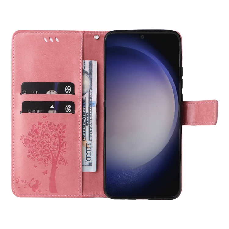 For Samsung Galaxy S25 / S24 5G Tree & Cat Embossed Pattern Flip Leather Phone Case(Pink) - Galaxy S25 5G Cases by PMC Jewellery | Online Shopping South Africa | PMC Jewellery | Buy Now Pay Later Mobicred