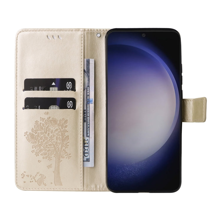 For Samsung Galaxy S25 / S24 5G Tree & Cat Embossed Pattern Flip Leather Phone Case(Gold) - Galaxy S25 5G Cases by PMC Jewellery | Online Shopping South Africa | PMC Jewellery | Buy Now Pay Later Mobicred