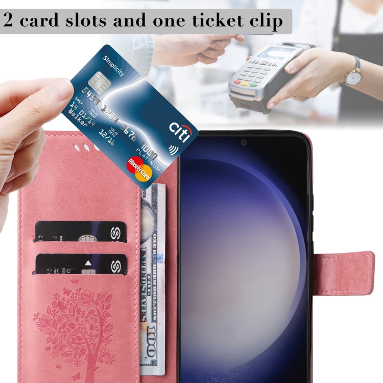 For Samsung Galaxy S25+ / S24+ 5G Tree & Cat Embossed Pattern Flip Leather Phone Case(Pink) - Galaxy S25+ 5G Cases by PMC Jewellery | Online Shopping South Africa | PMC Jewellery | Buy Now Pay Later Mobicred