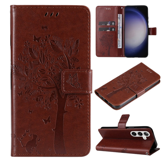 For Samsung Galaxy S25+ / S24+ 5G Tree & Cat Embossed Pattern Flip Leather Phone Case(Coffee) - Galaxy S25+ 5G Cases by PMC Jewellery | Online Shopping South Africa | PMC Jewellery | Buy Now Pay Later Mobicred