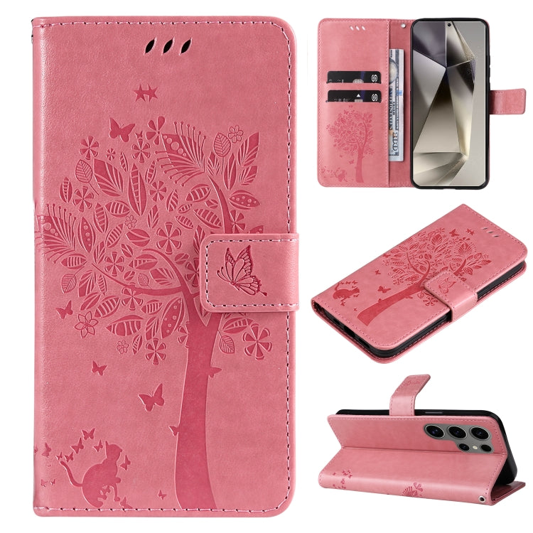 For Samsung Galaxy S25 Ultra 5G Tree & Cat Embossed Pattern Flip Leather Phone Case(Pink) - free shipping - PMC Jewellery - Order now!