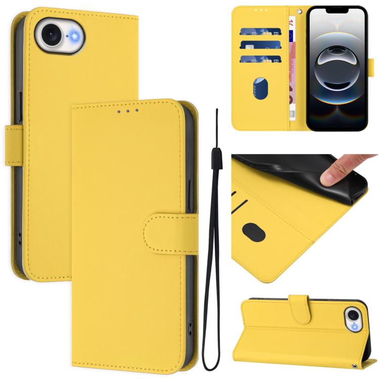 For iPhone 16e Skin Feel Solid Color Leather Phone Case with Lanyard(Lemon Yellow) - iPhone 16e Cases by PMC TechLife | Online Shopping South Africa | PMC TechLife | Buy Now Pay Later Mobicred