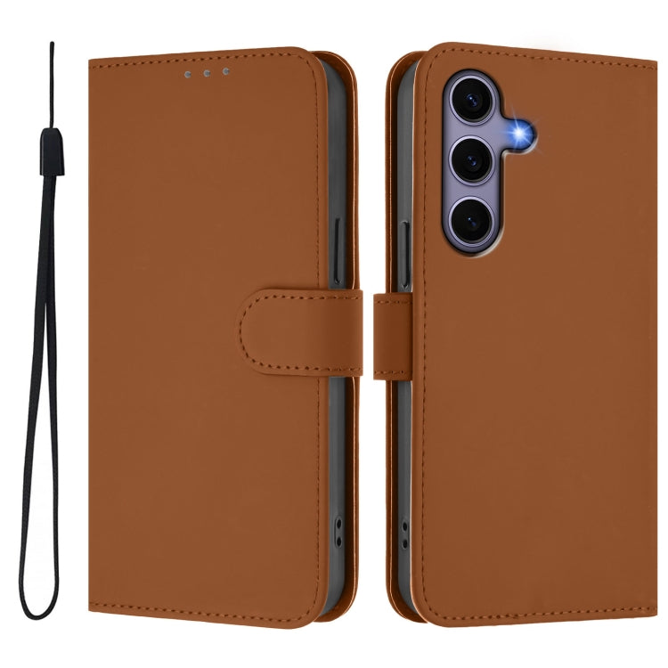 For Samsung Galaxy S25 5G Skin Feel Solid Color Leather Phone Case with Lanyard(Brown) - Galaxy S25 5G Cases by PMC Jewellery | Online Shopping South Africa | PMC Jewellery | Buy Now Pay Later Mobicred