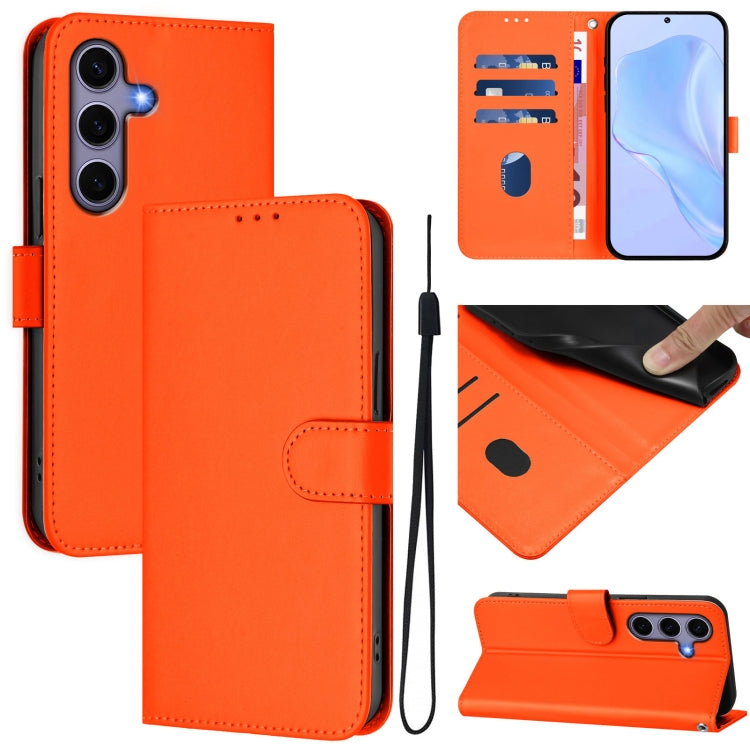 For Samsung Galaxy S25 5G Skin Feel Solid Color Leather Phone Case with Lanyard(Orange) - Galaxy S25 5G Cases by PMC Jewellery | Online Shopping South Africa | PMC Jewellery | Buy Now Pay Later Mobicred