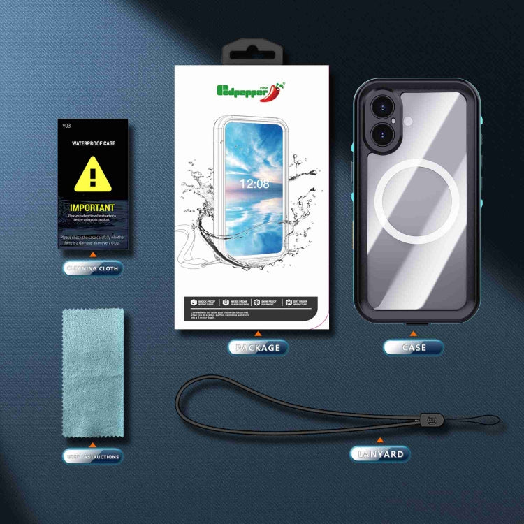 For iPhone 16 Plus RedPepper Transparent Dot IP68 Waterproof Triple-proof MagSafe Phone Case(Black Blue) - iPhone 16 Plus Cases by RedPepper | Online Shopping South Africa | PMC Jewellery | Buy Now Pay Later Mobicred