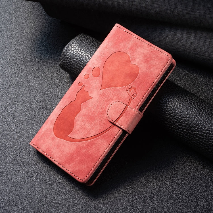 For Samsung Galaxy S25+ 5G Pen Heart Cat Embossed Leather Phone Case(Orange) - Galaxy S25+ 5G Cases by PMC TechLife | Online Shopping South Africa | PMC TechLife | Buy Now Pay Later Mobicred