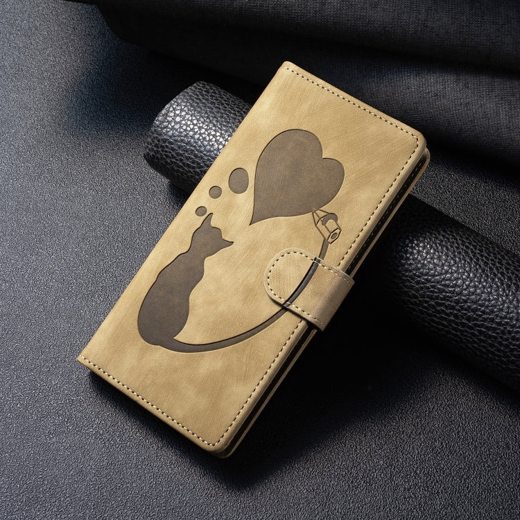 For Samsung Galaxy S25+ 5G Pen Heart Cat Embossed Leather Phone Case(Apricot) - Galaxy S25+ 5G Cases by PMC TechLife | Online Shopping South Africa | PMC TechLife | Buy Now Pay Later Mobicred