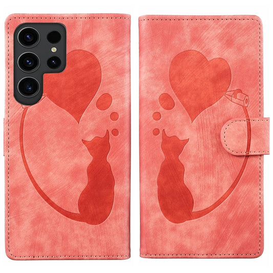 For Samsung Galaxy S25 Ultra 5G Pen Heart Cat Embossed Leather Phone Case(Orange) - Galaxy S25 Ultra 5G Cases by PMC Jewellery | Online Shopping South Africa | PMC Jewellery | Buy Now Pay Later Mobicred