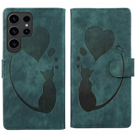 For Samsung Galaxy S25 Ultra 5G Pen Heart Cat Embossed Leather Phone Case(Green) - Galaxy S25 Ultra 5G Cases by PMC Jewellery | Online Shopping South Africa | PMC Jewellery | Buy Now Pay Later Mobicred