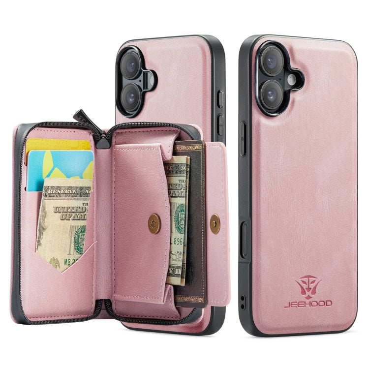 For iPhone 16 Plus JEEHOOD J02 Magnetic Zipper Horizontal Flip Leather Phone Case(Pink) - free shipping - PMC Jewellery - Order now!