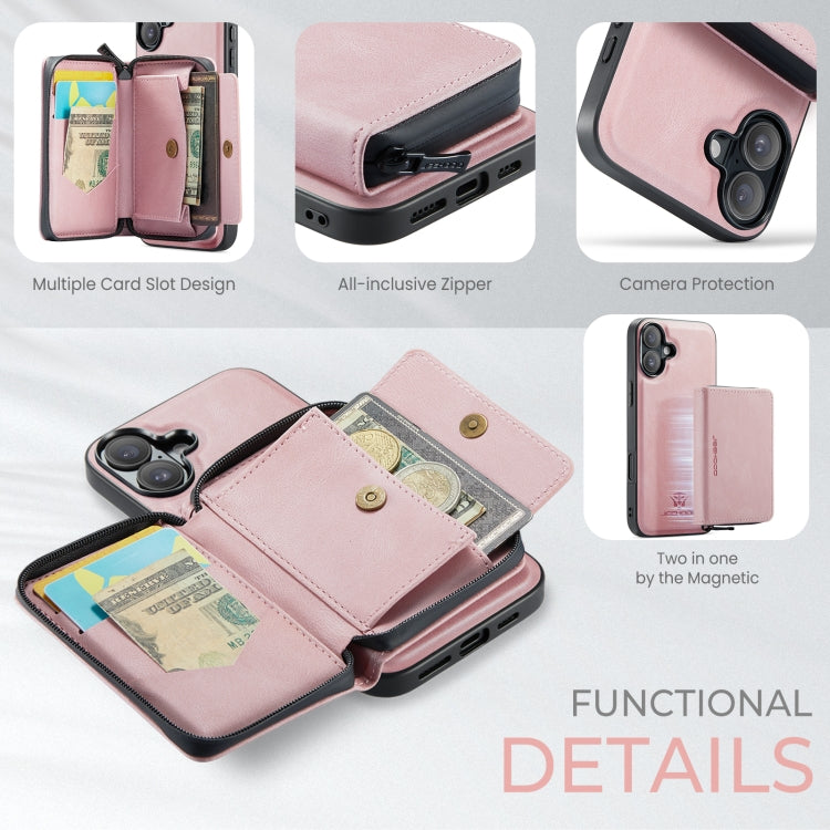 For iPhone 16 Plus JEEHOOD J02 Magnetic Zipper Horizontal Flip Leather Phone Case(Pink) - iPhone 16 Plus Cases by JEEHOOD | Online Shopping South Africa | PMC Jewellery | Buy Now Pay Later Mobicred