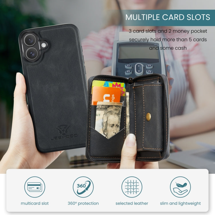 For iPhone 16 JEEHOOD J02 Magnetic Zipper Horizontal Flip Leather Phone Case(Black) - free shipping - PMC Jewellery - Order now!