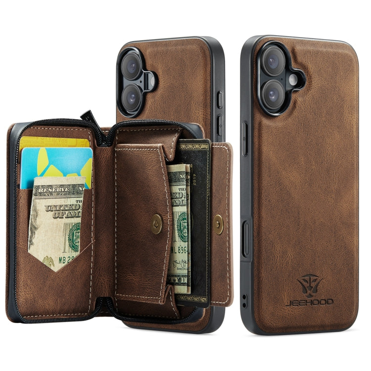 For iPhone 16 JEEHOOD J02 Magnetic Zipper Horizontal Flip Leather Phone Case(Brown) - iPhone 16 Cases by JEEHOOD | Online Shopping South Africa | PMC Jewellery | Buy Now Pay Later Mobicred