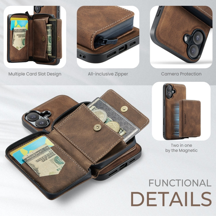 For iPhone 16 JEEHOOD J02 Magnetic Zipper Horizontal Flip Leather Phone Case(Brown) - iPhone 16 Cases by JEEHOOD | Online Shopping South Africa | PMC Jewellery | Buy Now Pay Later Mobicred