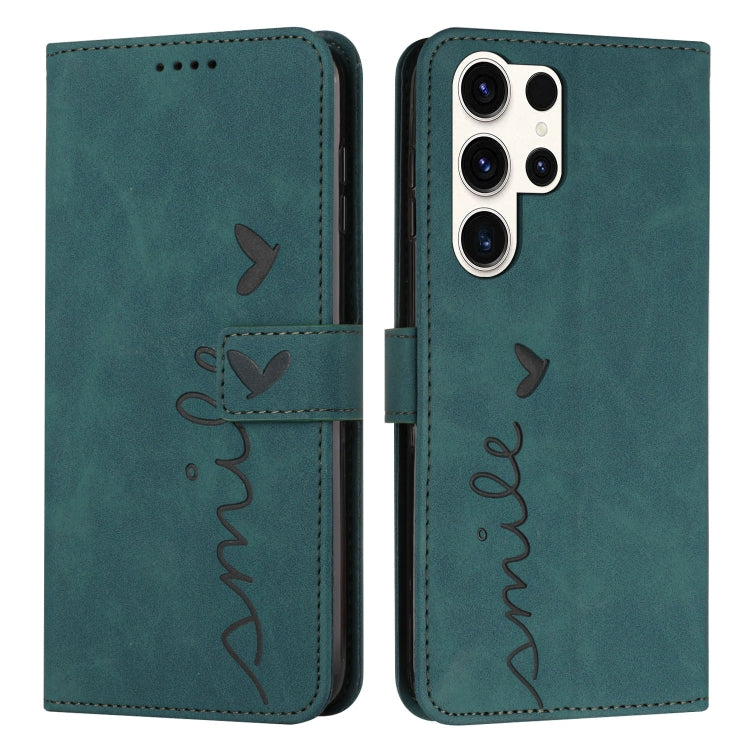 For Samsung Galaxy S25 Ultra 5G Skin Feel Heart Embossed Leather Phone Case with Long Lanyard(Green) - Galaxy S25 Ultra 5G Cases by PMC Jewellery | Online Shopping South Africa | PMC Jewellery | Buy Now Pay Later Mobicred