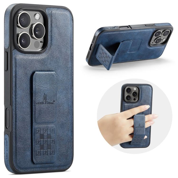 For iPhone 16 Pro Fierre Shann Oil Wax Cow Leather Holder Back Phone Case(Blue) - free shipping - PMC Jewellery - Order now!